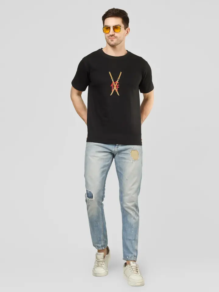 Black Sun Samurai French Terry T-Shirt in Black, shown on model