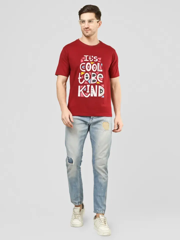 Cool To Be Kind Quote Printed T-Shirt in Maroon, shown on model
