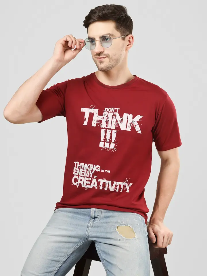 Don't Think Quote Printed T-Shirt in Maroon, view 3