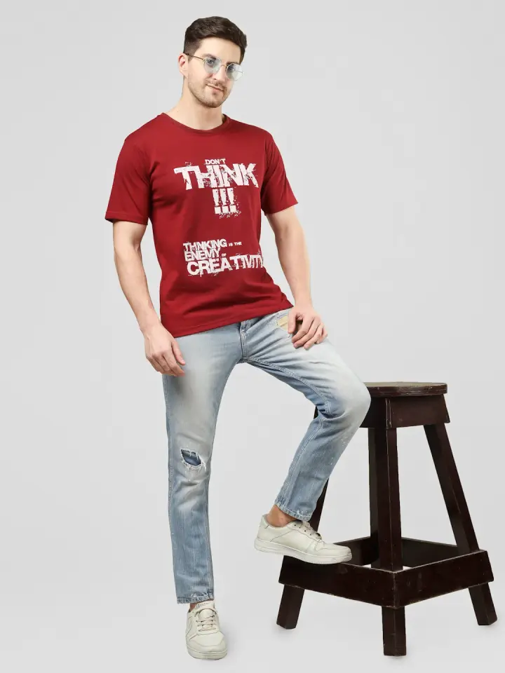 Don't Think Quote Printed T-Shirt in Maroon, view 4