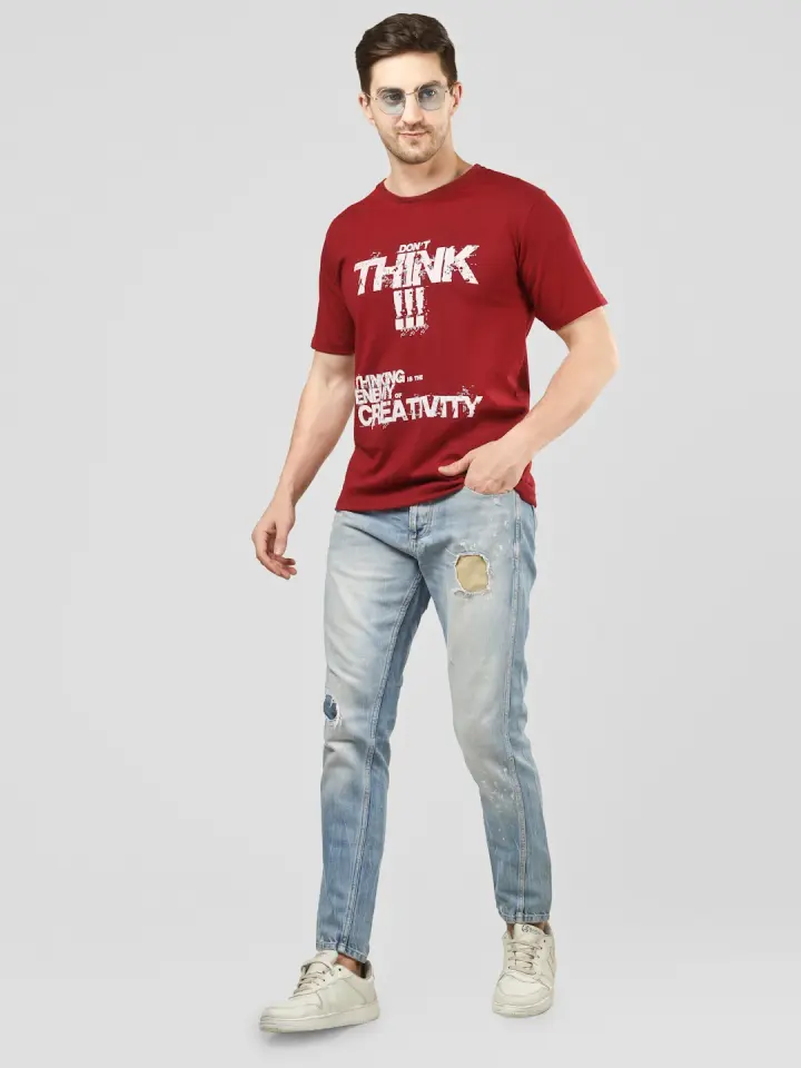 Don't Think Quote Printed T-Shirt in Maroon, view 5