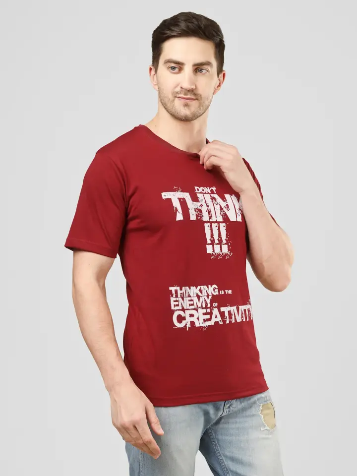 Don't Think Quote Printed T-Shirt in Maroon, view 6