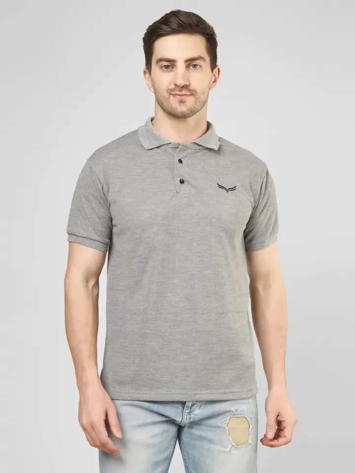 Men's Grey Solid Polo T-Shirt in Grey, view 3