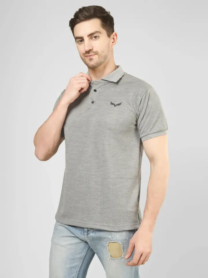 Men's Grey Solid Polo T-Shirt in Grey, view 4