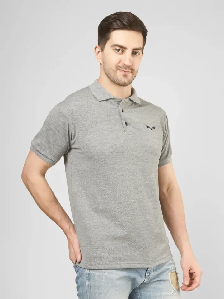 Men's Grey Solid Polo T-Shirt in Grey, view 5