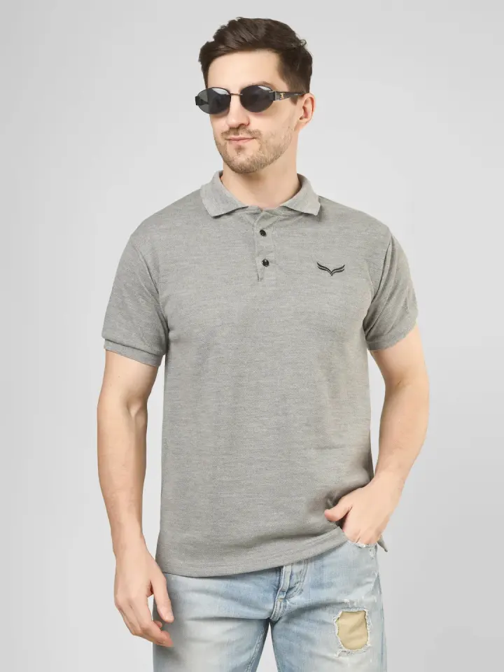 Men's Grey Solid Polo T-Shirt in Grey, view 7