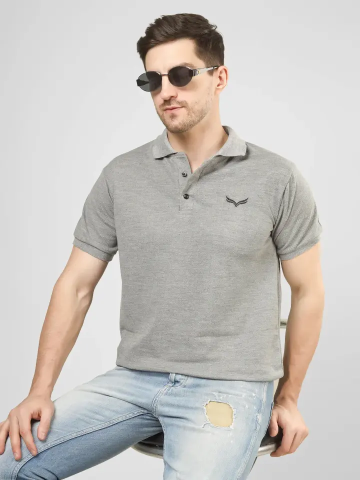 Men's Grey Solid Polo T-Shirt in Grey, view 8