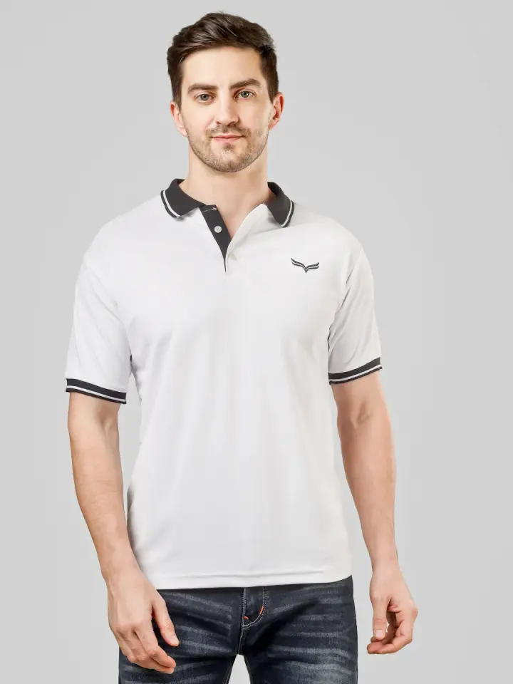 Men's White Polo T-Shirt with Contrast Collar in White, shown on model