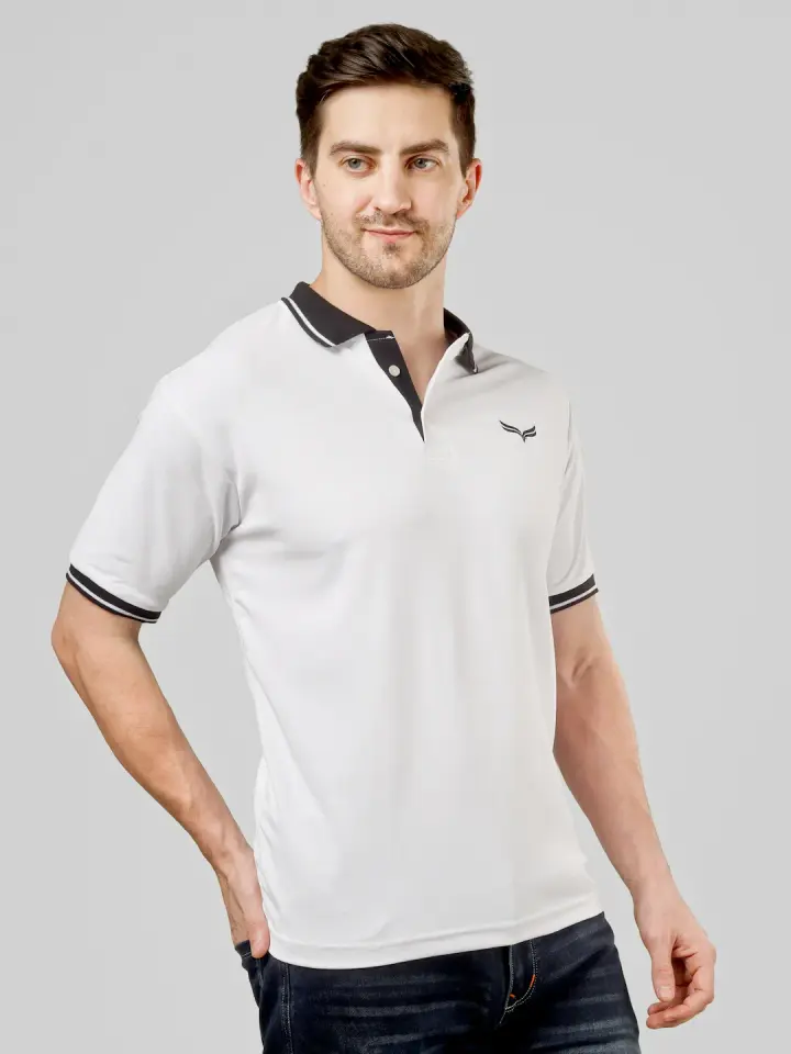 Men's White Polo T-Shirt with Contrast Collar in White, view 3
