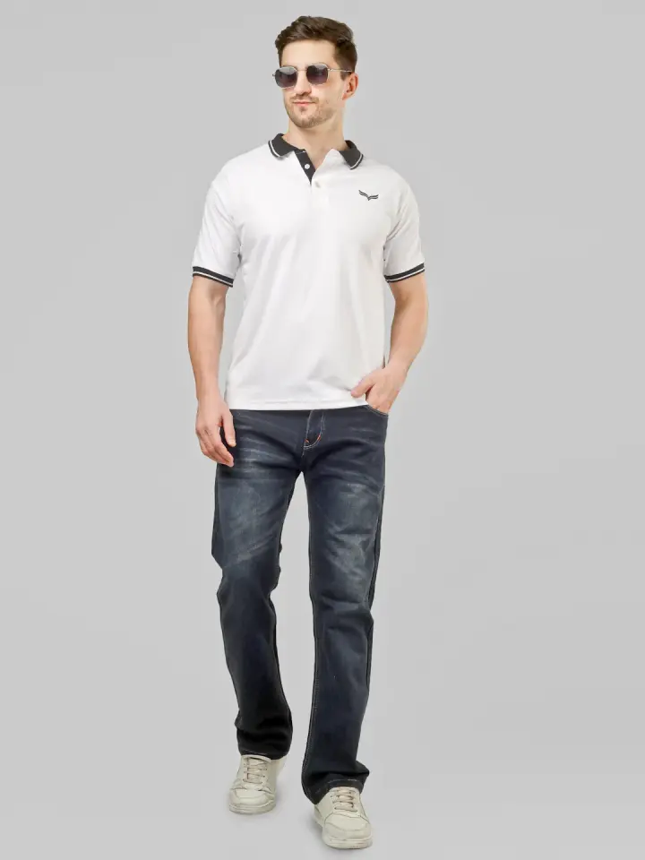 Men's White Polo T-Shirt with Contrast Collar in White, view 5
