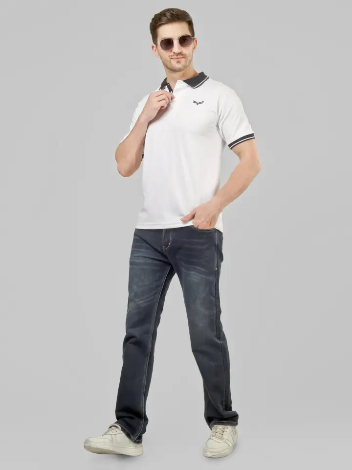 Men's White Polo T-Shirt with Contrast Collar in White, view 6