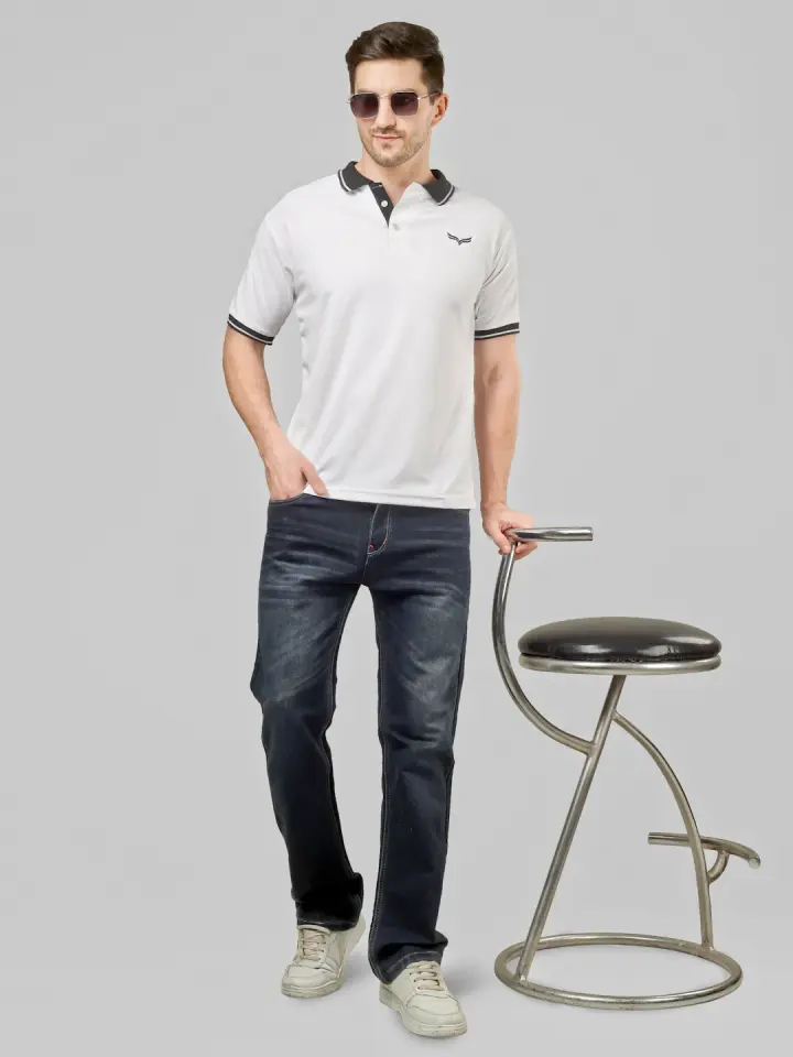 Men's White Polo T-Shirt with Contrast Collar in White, view 7