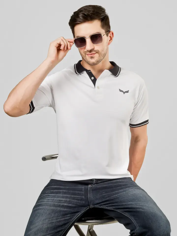 Men's White Polo T-Shirt with Contrast Collar in White, view 8