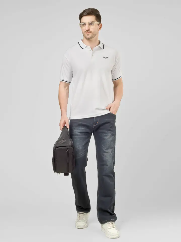 Men's White Solid Polo T-Shirt in White, shown on model
