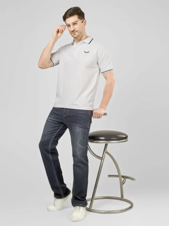 Men's White Solid Polo T-Shirt in White, view 3