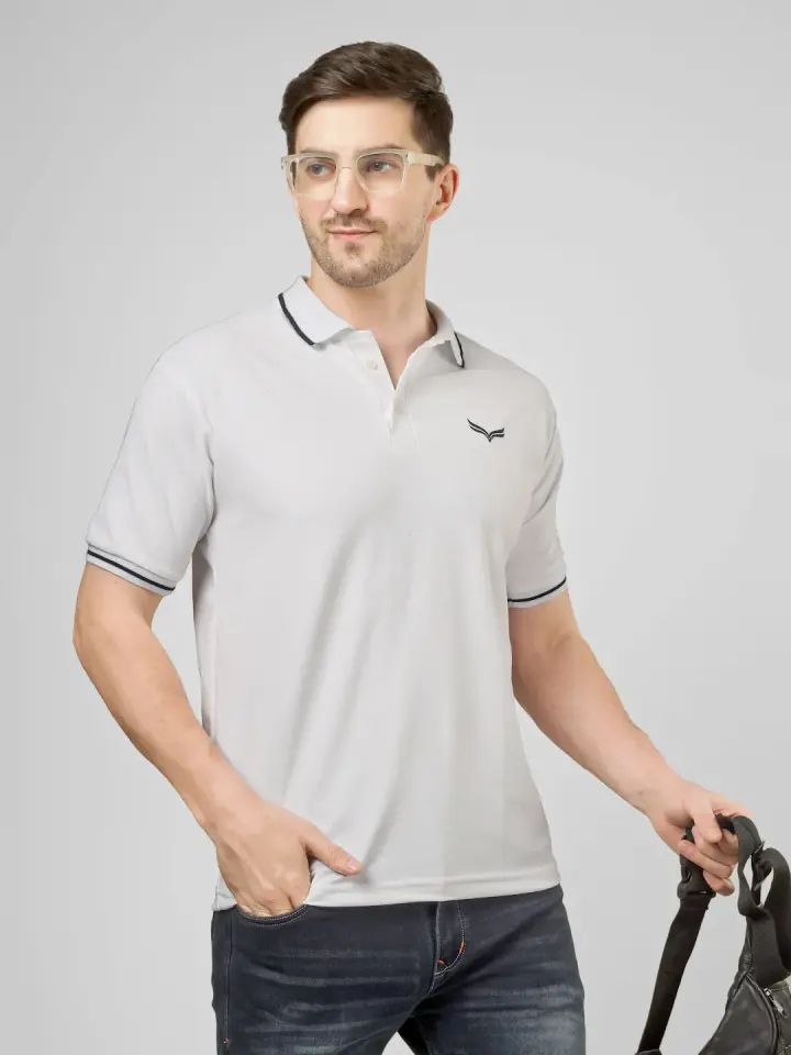Men's White Solid Polo T-Shirt in White, view 4
