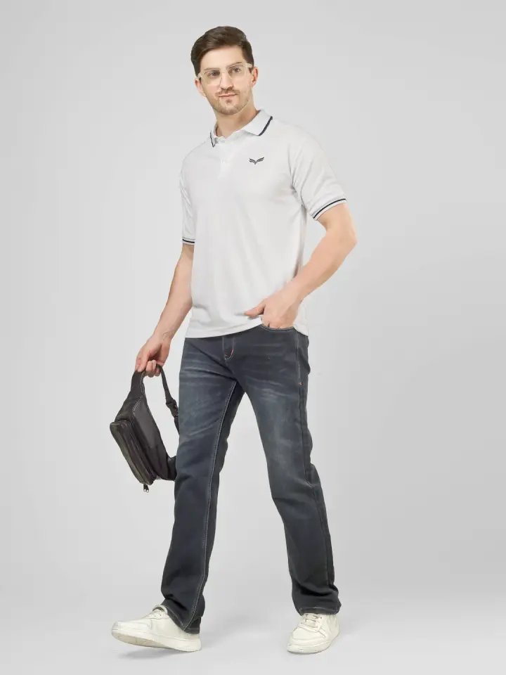 Men's White Solid Polo T-Shirt in White, view 5