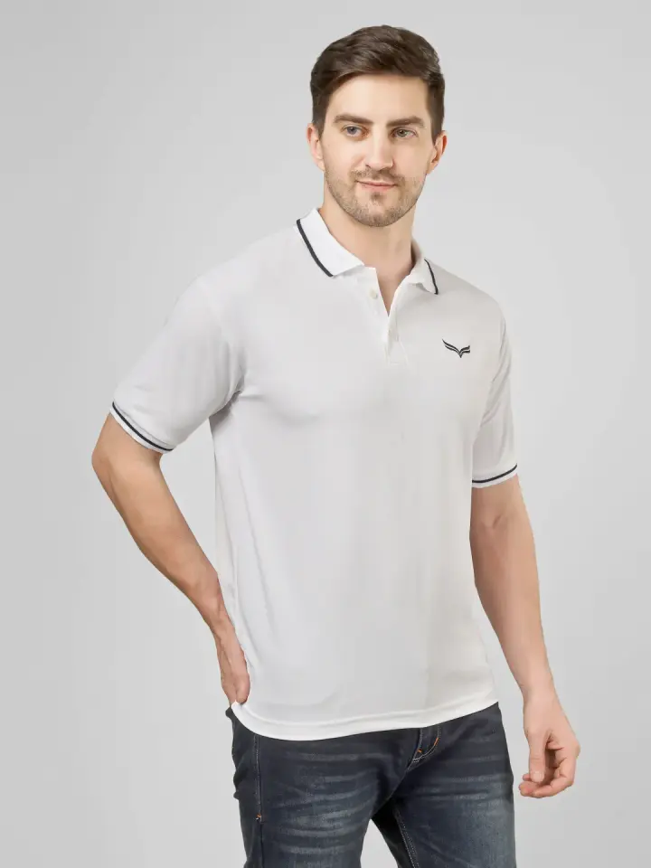Men's White Solid Polo T-Shirt in White, view 7
