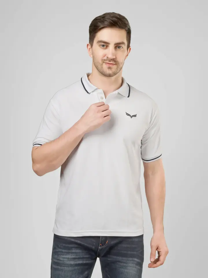 Men's White Solid Polo T-Shirt in White, view 8