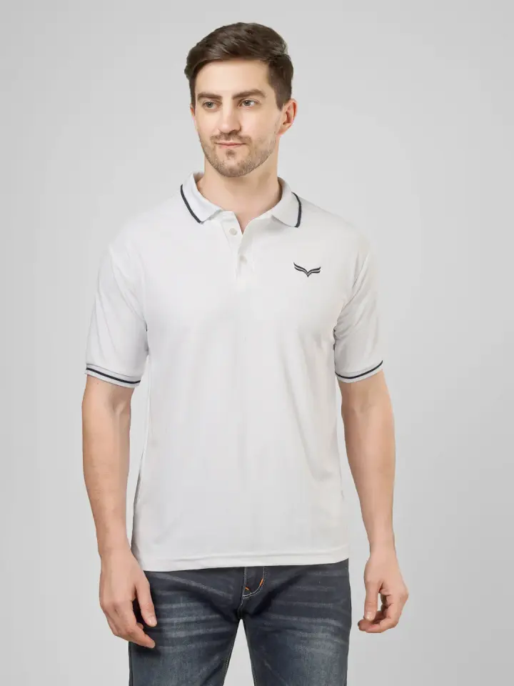 Men's White Solid Polo T-Shirt in White, view 9