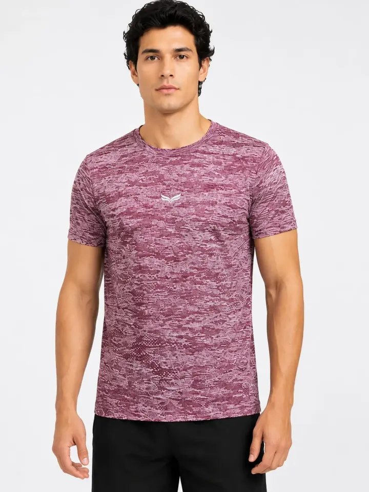 Men's Premium Jacquard Performance T-Shirt in Maroon Melange, shown on model