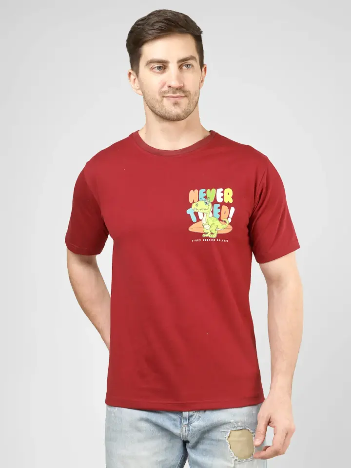 Never Tired Dino Printed T-Shirt in Maroon, view 3