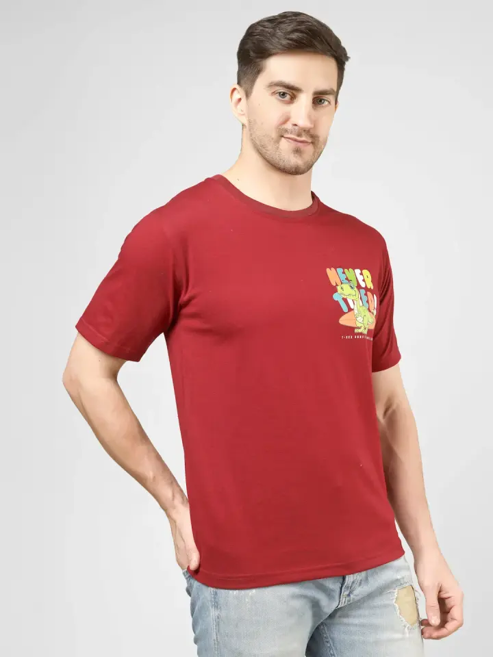 Never Tired Dino Printed T-Shirt in Maroon, view 4