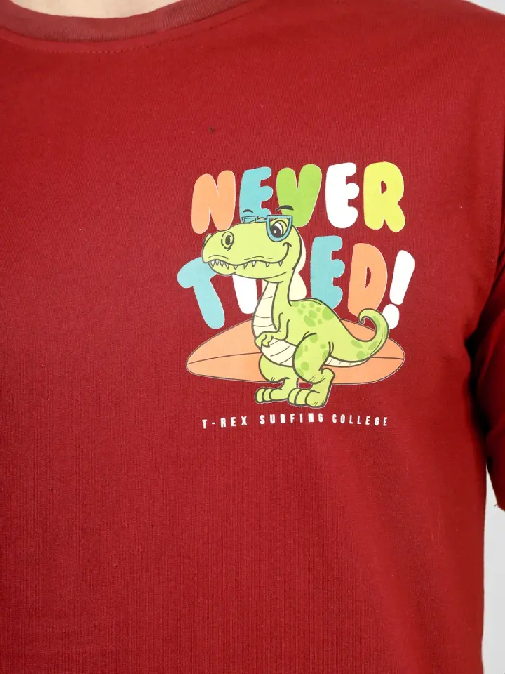 Never Tired Dino Printed T-Shirt in Maroon, view 5