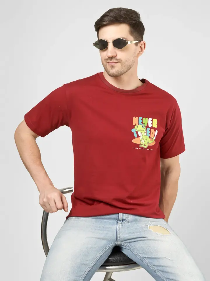 Never Tired Dino Printed T-Shirt in Maroon, view 6