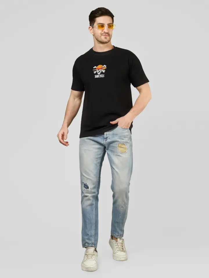 One Piece French Terry T-Shirt in Black, shown on model