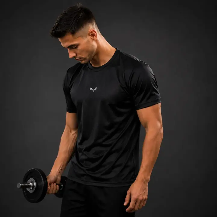 Premium Performance Gym T-Shirt, Black in Black, shown on model